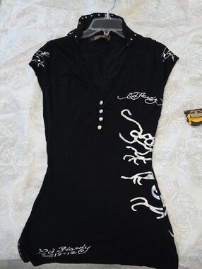 Ed Hardy Black Tunic Top with White Script and Graphic Accents